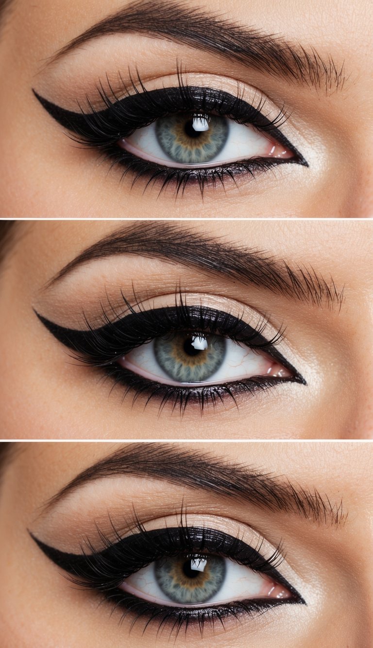 Cat eye makeup ideas shown with a smooth beige eyeshadow lid, subtle brown crease blending, a sharply angled black winged eyeliner, and defined lashes in a close-up eye image.