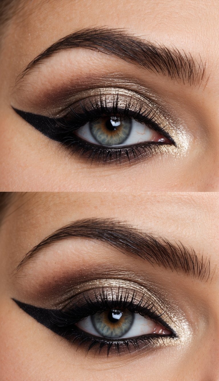 Cat eye makeup ideas shown with champagne-gold shimmer eyeshadow, deep brown crease blending, matte black winged eyeliner, and softly smoked lower lashes in a close-up eye image.