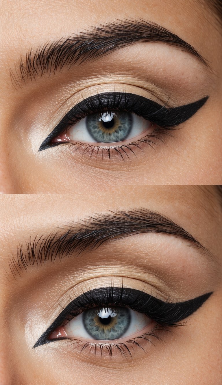 Close-up eye photo featuring cat eye makeup ideas with light beige shimmer eyeshadow, minimal crease definition, crisp black winged liner, and softly defined lashes.