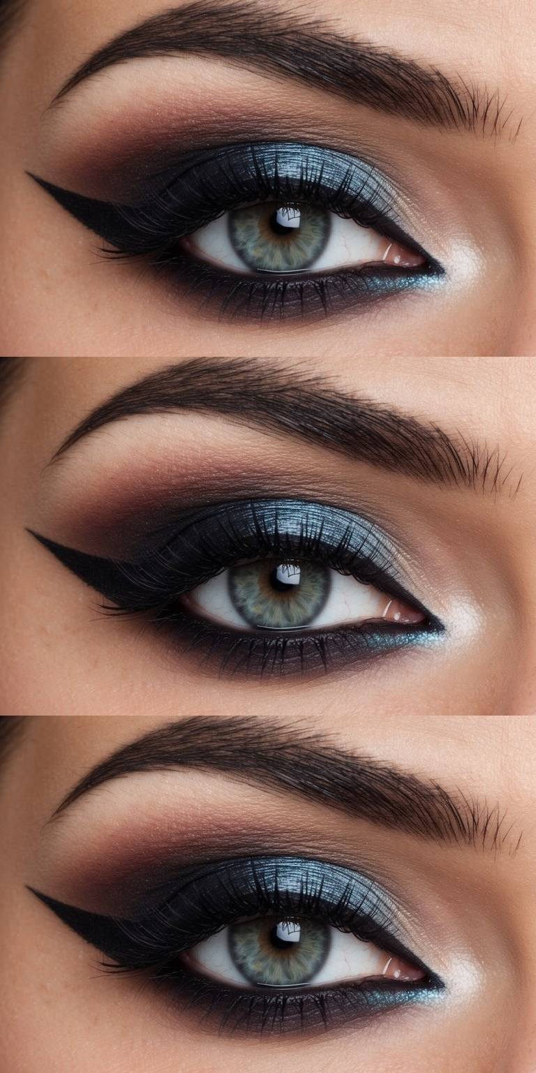 A close-up of an eye with dramatic makeup, featuring dark winged eyeliner, metallic blue eyeshadow, and thick, defined eyebrows.