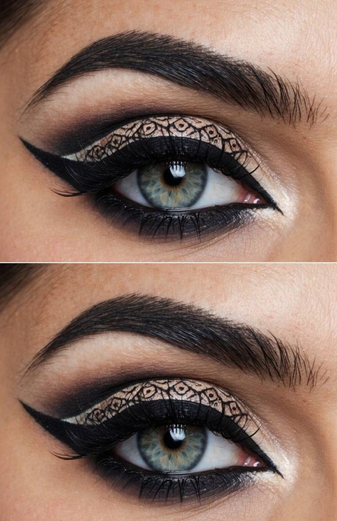 Arabic eye makeup idea showing a lace-like pattern on the eyelid with nude and black contrast, framed by a defined winged liner.