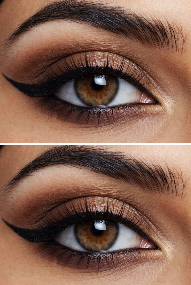 Arabic eye makeup idea with matte nude and sand-toned shadows blended seamlessly, enhanced by delicate black liner and barely-there lower lash shading.