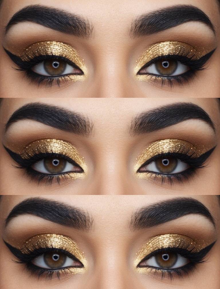 Arabic eye makeup idea resembling gilded tiles, with bold gold shimmer shadow and sharply defined winged eyeliner reminiscent of minaret silhouettes.