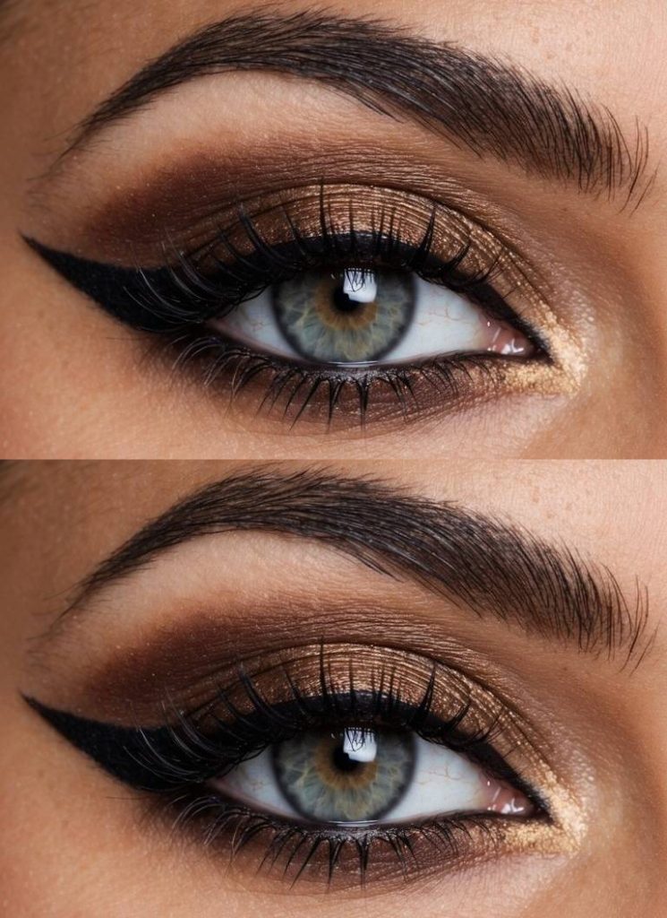 Close-up of an Arabic eye makeup idea with metallic bronze shadow on the lids, soft brown gradients in the crease, and intense winged eyeliner.