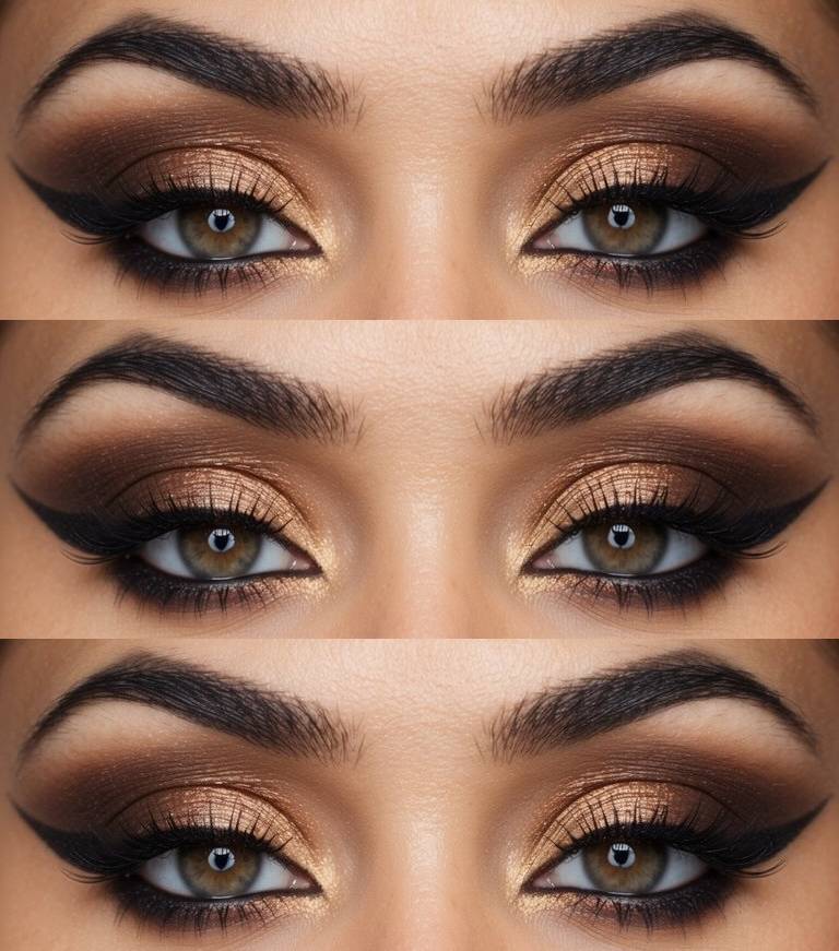 Arabic eye makeup idea with bright gold shimmer on the lids, matte chocolate brown crease, and thick winged eyeliner creating a lifted look.