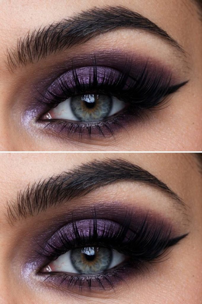 Arabic eye makeup idea with smoky lavender eyeshadow, deep outer corners, and thick lashes accentuating cool-toned glamor with purple allure.