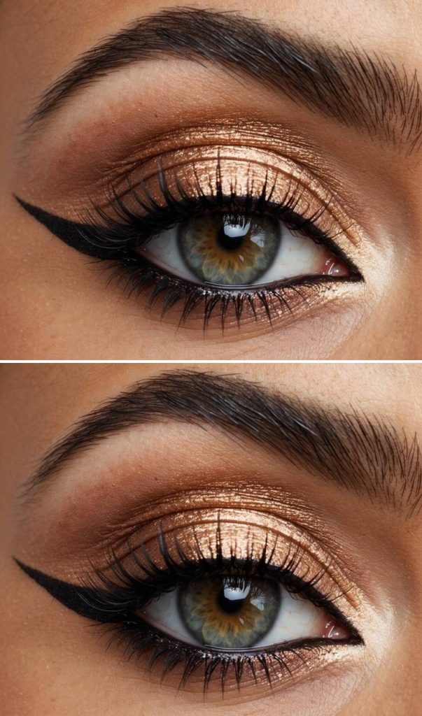 An arabic eye makeup idea showcasing metallic gold shadow with soft brown transition, winged liner, and defined lashes for a radiant golden-hour effect.