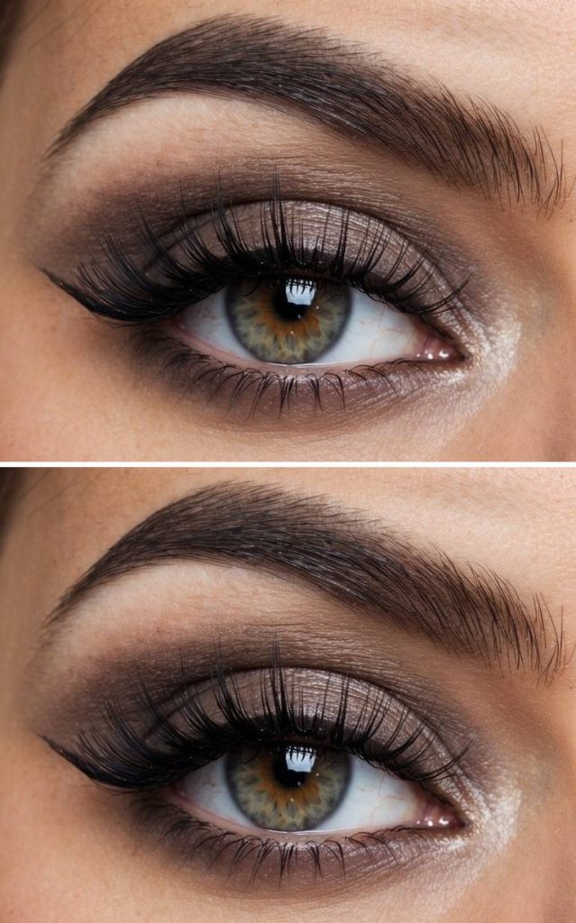 An elegant arabic eye makeup idea using taupe shimmer and matte brown shadows, finished with long lashes and bright inner corners for a polished look.