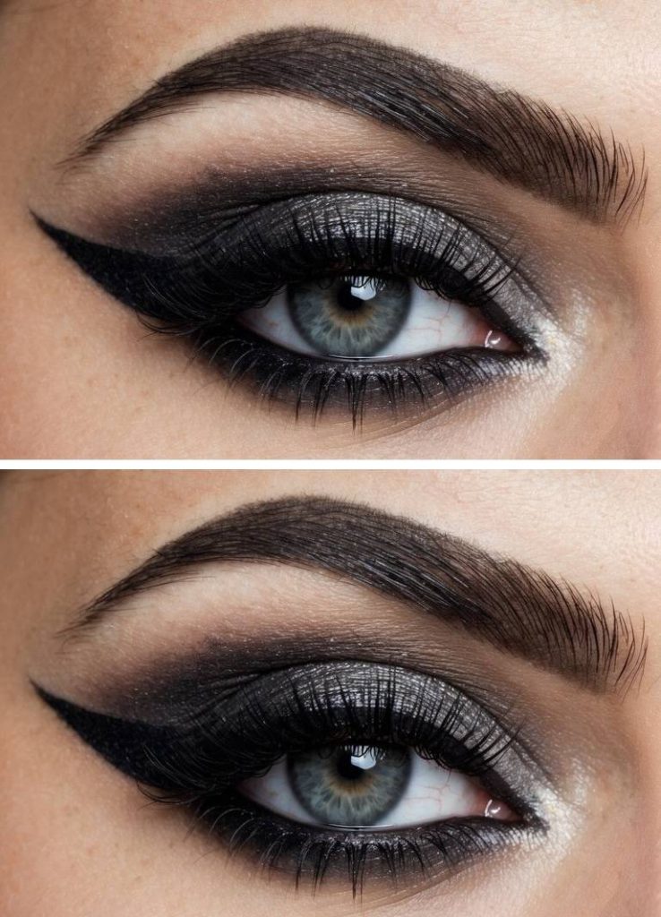Close-up of an arabic eye makeup idea featuring jet-black shimmer, intense winged eyeliner, and softly smoked edges blending into the crease.