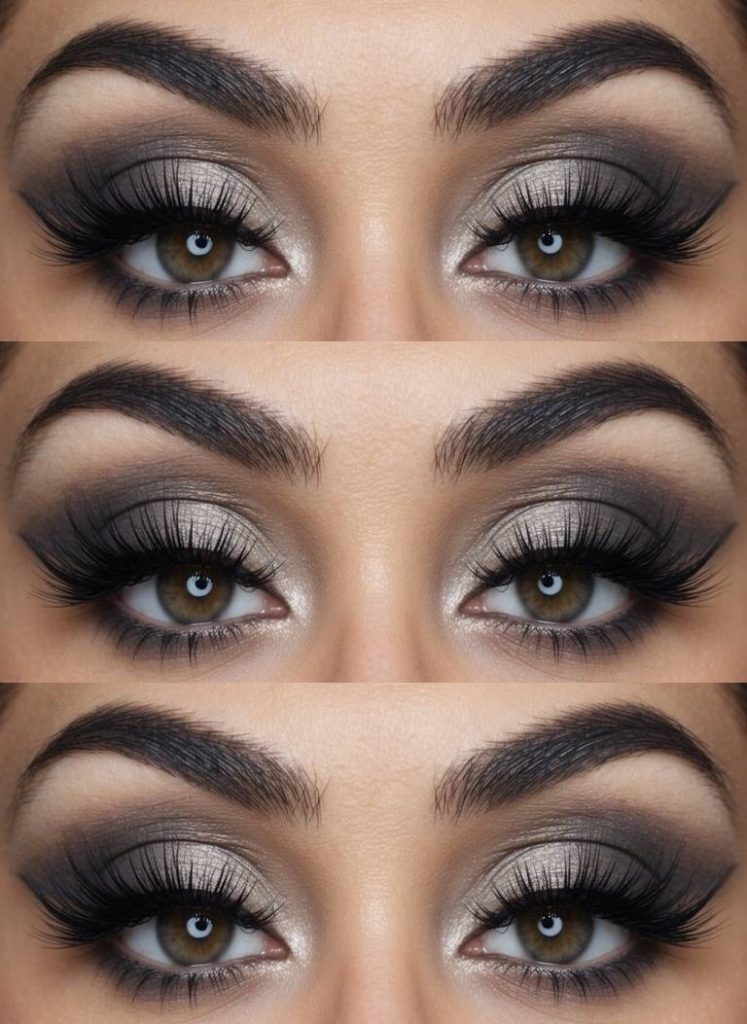 Close-up of an arabic eye makeup idea showing reflective silver shimmer fading into black shadow for a moonlit-inspired dramatic glam look.