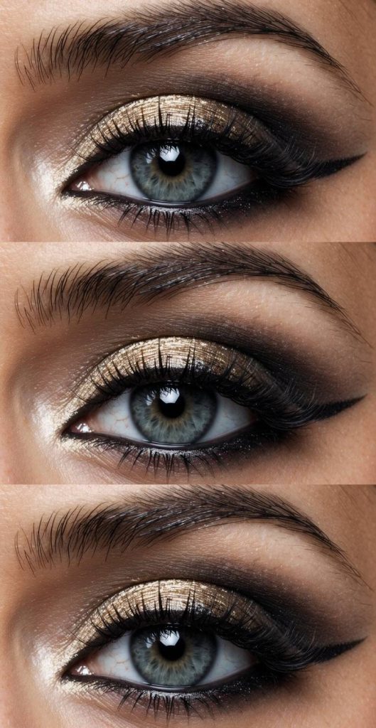 An eye makeup look with bold gold shimmer and black smoke—this arabic eye makeup idea blends statement sparkle with sleek, sultry definition.