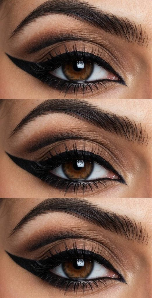 Three close-up images of a person's eye with brown irises, thick, arched eyebrows, and dramatic eye makeup including winged black eyeliner and shaded eyeshadow.