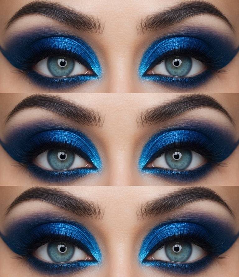 Close-up of an arabic eye makeup idea featuring high-impact electric blue pigment, softly smoked at the edges and shimmering near the tear ducts.