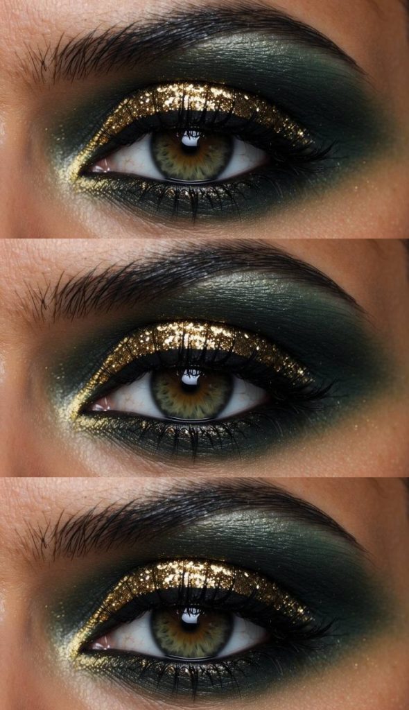 An arabic eye makeup idea with jewel-toned green smokiness and metallic gold foil on the eyelid, evoking rich, dramatic elegance.