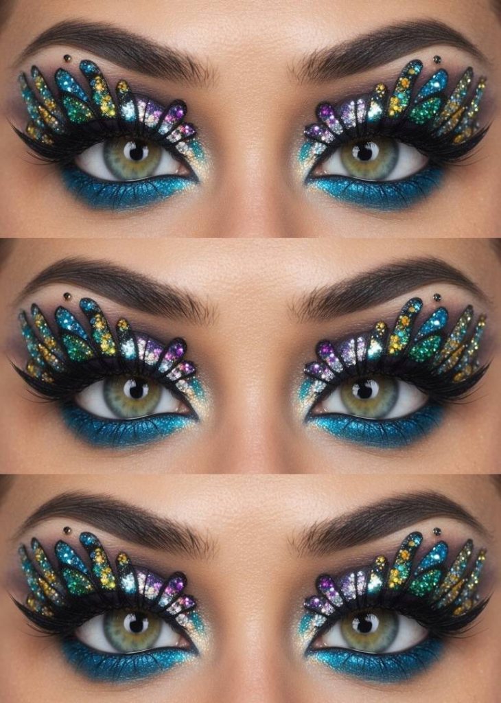 A close-up of intricately designed eye makeup, featuring bold, colorful, butterfly-inspired patterns with glittering blue, gold, and purple accents, enhancing the eyes with dramatic lashes and striking eyeliner.