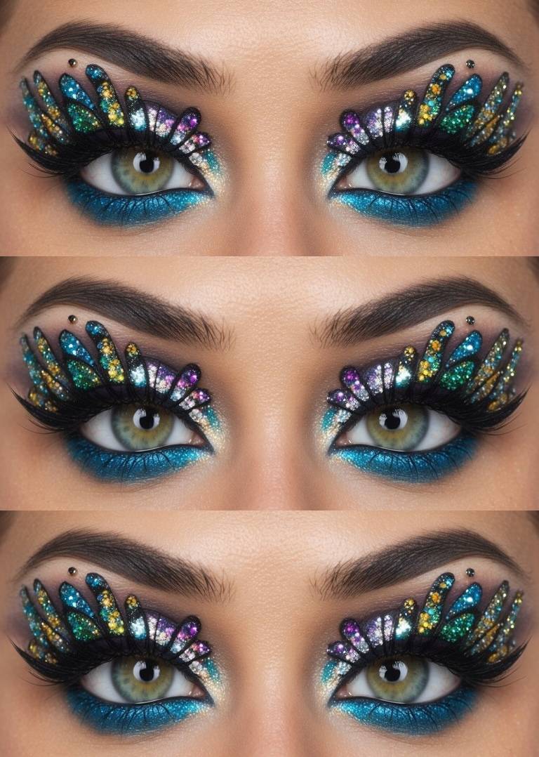 A close-up of intricately designed eye makeup, featuring bold, colorful, butterfly-inspired patterns with glittering blue, gold, and purple accents, enhancing the eyes with dramatic lashes and striking eyeliner.