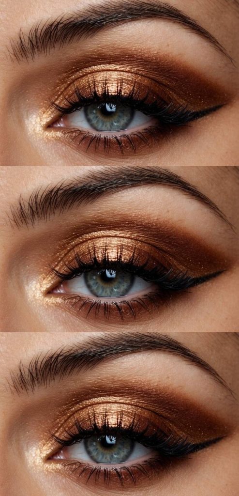 An arabic eye makeup idea featuring glowing copper eyelids, soft brown blending, and delicate lower lash detail.