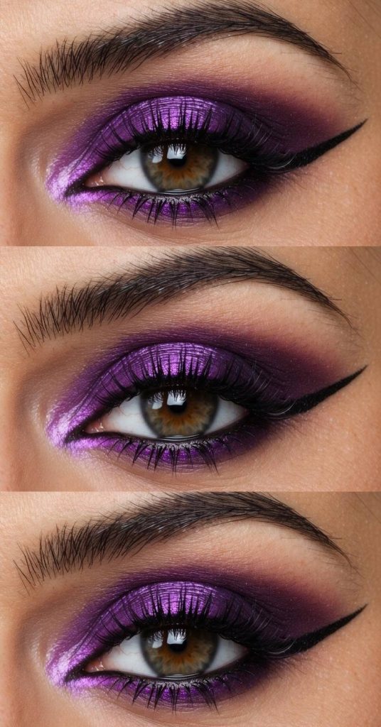Close-up of an arabic eye makeup idea featuring vibrant purple shimmer, smoked violet crease, and bold eyeliner flick.