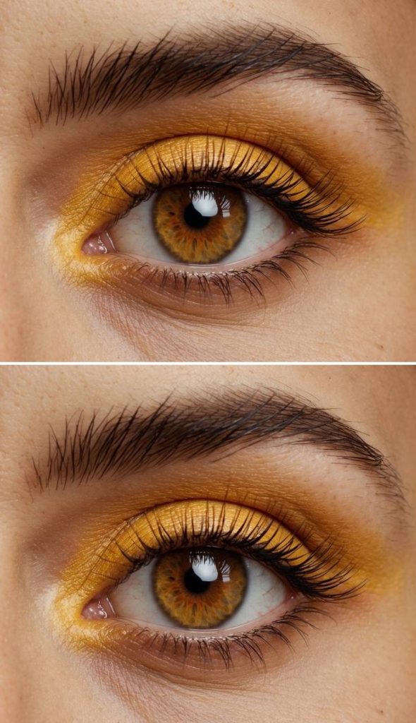 Saffron-gold eyeshadow layered on the lids with bronze blending, showcasing dimensional yellow eye makeup ideas and wispy lashes.