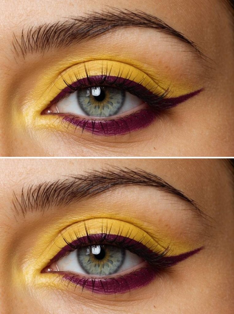 Eye featuring a smooth sunflower-yellow lid sliced with a precise violet cut liner, illustrating high-contrast yellow eye makeup ideas with bold structural definition.