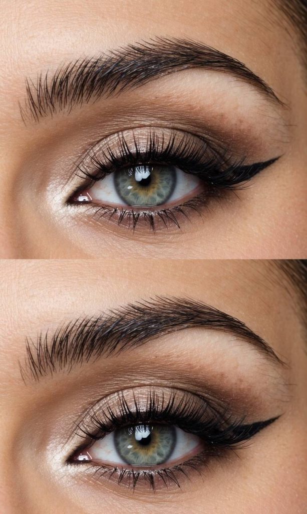 Eye makeup close-up highlighting a hooded eye makeup technique with satin bronze eyeshadow, soft gradient blending, thin winged liner, and softly fanned lashes.