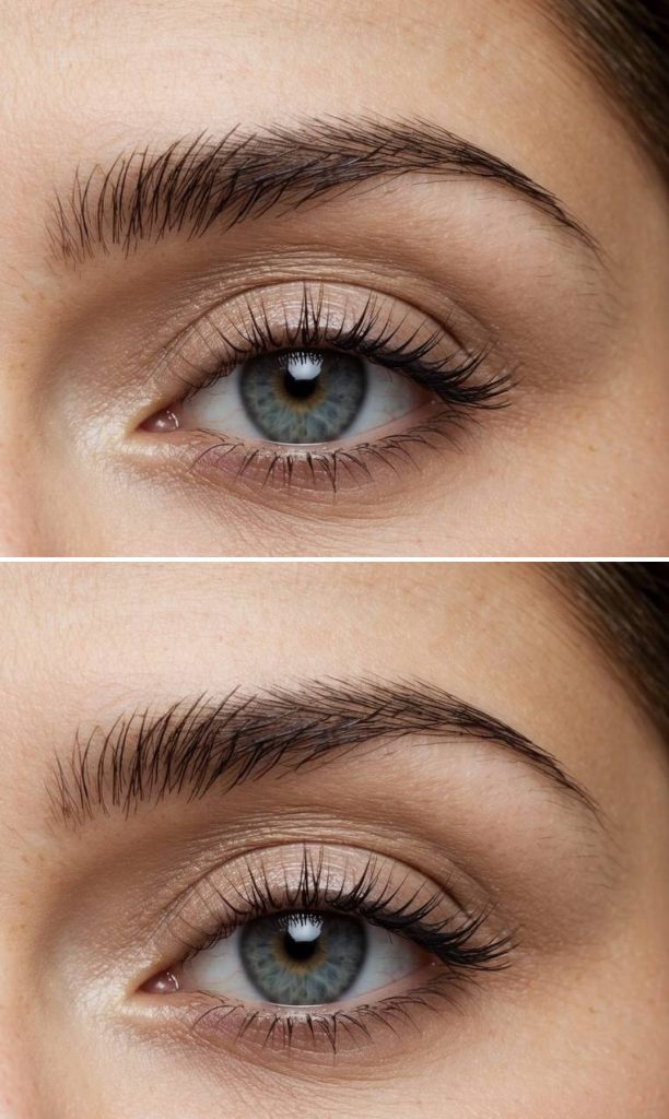 Close-up eye showing a hooded eye makeup technique with sheer beige-taupe eyeshadow, soft satin texture, natural lashes, and gently groomed brows.