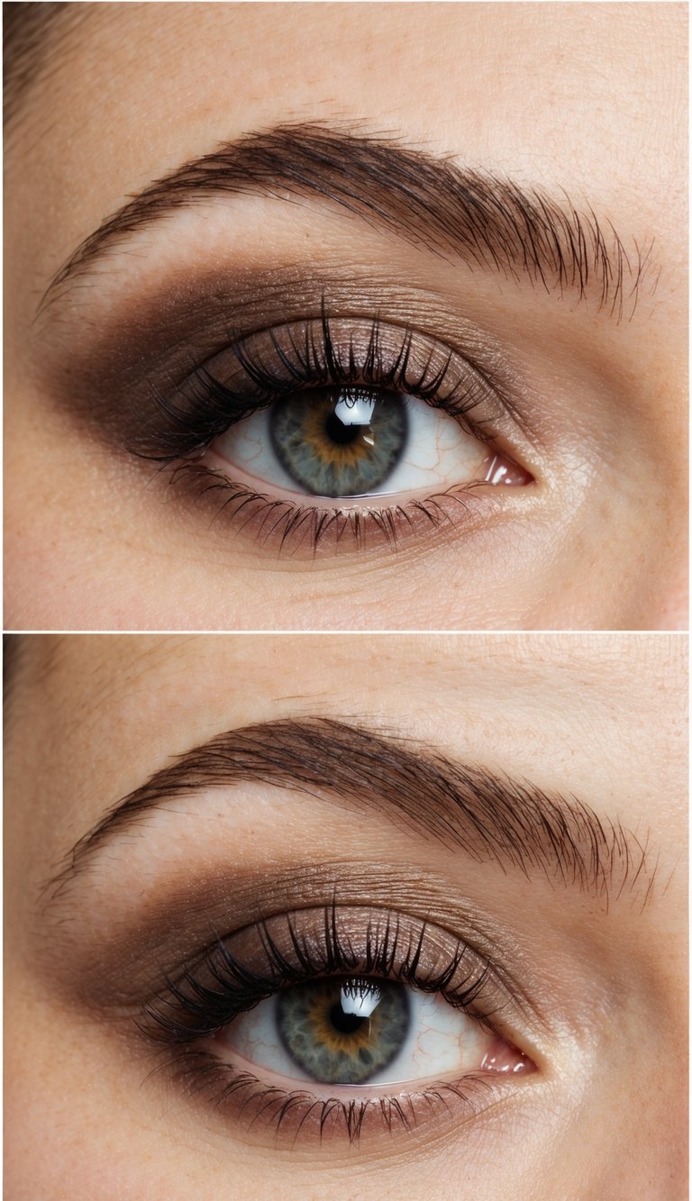 Close-up of an eye featuring a hooded eye makeup technique with warm cocoa-brown eyeshadow, satin sheen, softly blended crease, defined lashes, and a natural brow arch.