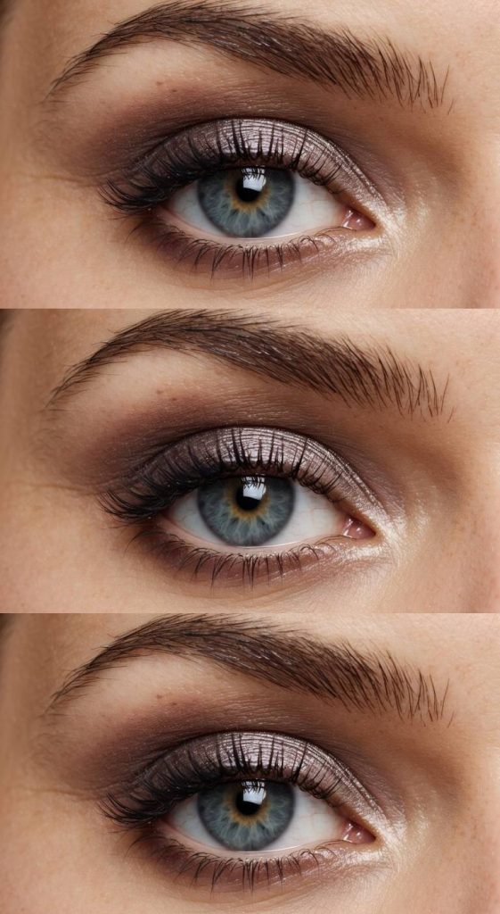 Close-up eye showing a hooded eye makeup technique with smoky taupe and soft brown eyeshadow, seamless gradient blending, defined lashes, and a natural brow shape.