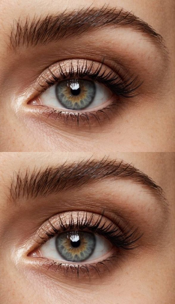 Detailed eye makeup look showing a hooded eye makeup technique with luminous neutral taupe eyeshadow, even blending, defined lashes, and a clean natural brow.