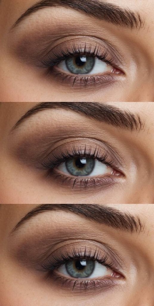 Eye makeup close-up highlighting a hooded eye makeup technique with soft smoky taupe eyeshadow, even blending, subtle depth, and natural lashes.