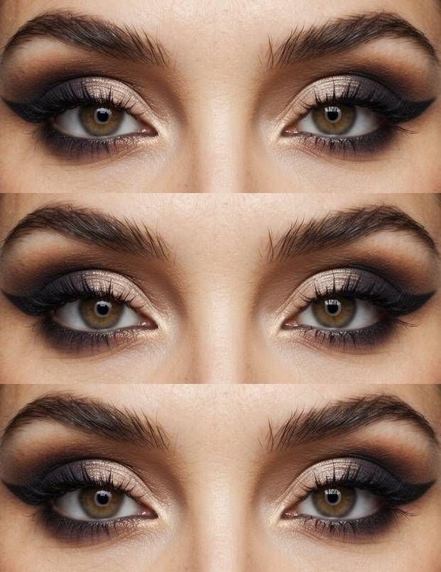 Symmetrical eye makeup featuring a hooded eye makeup technique with metallic neutral lids, intense smoky outer corners, dramatic winged eyeliner, and thick lashes.