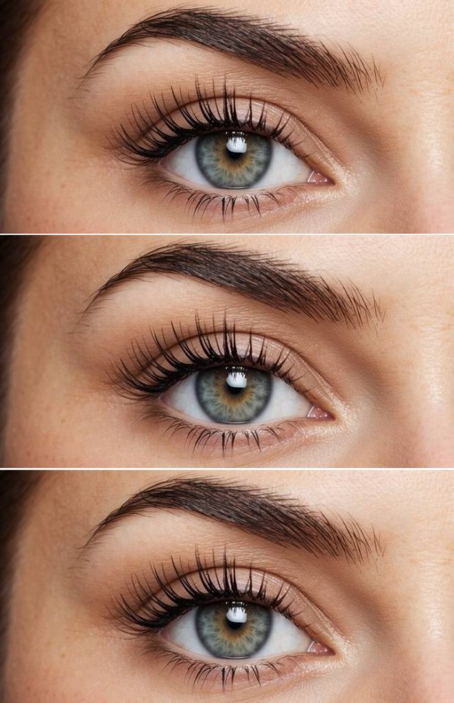 Close-up eye showing a hooded eye makeup technique with soft nude-beige eyeshadow, minimal satin finish, naturally separated lashes, and clean brow definition.
