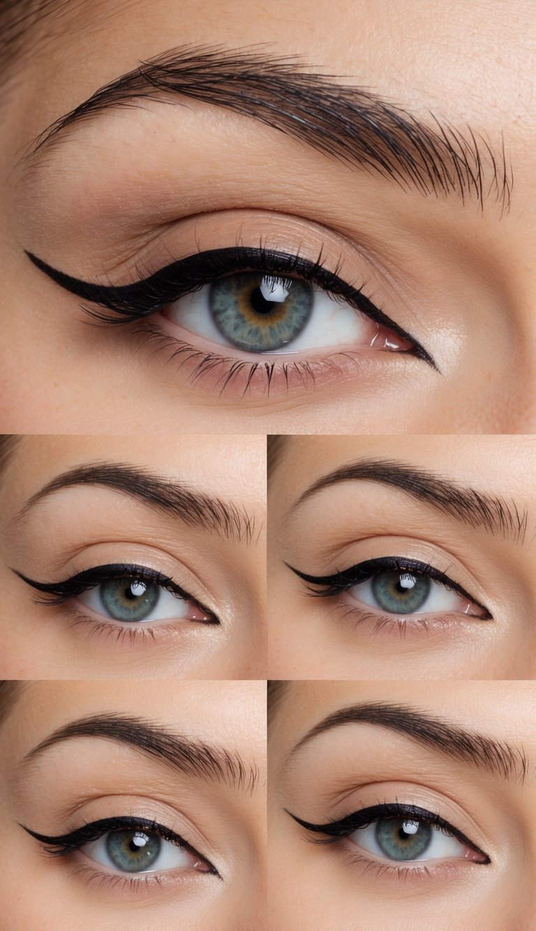 Close-up eye showing a hooded eye makeup technique with sharp black winged eyeliner, minimal nude eyelid, natural lashes, and softly groomed brows.
