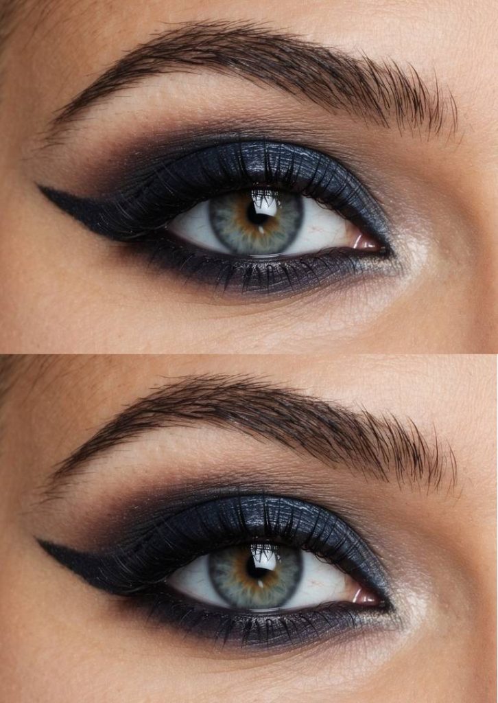 Detailed eye makeup look showing a hooded eye makeup technique with blackened graphite eyeshadow, seamless blending, sharp winged eyeliner, and voluminous lashes.