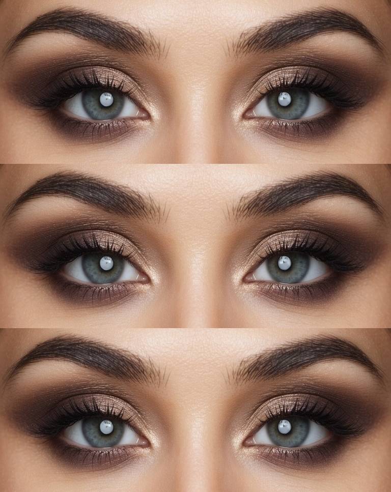 Front-facing eyes featuring a hooded eye makeup technique with smoky cocoa-brown eyeshadow, champagne inner-corner highlight, diffused blending, and full lashes.