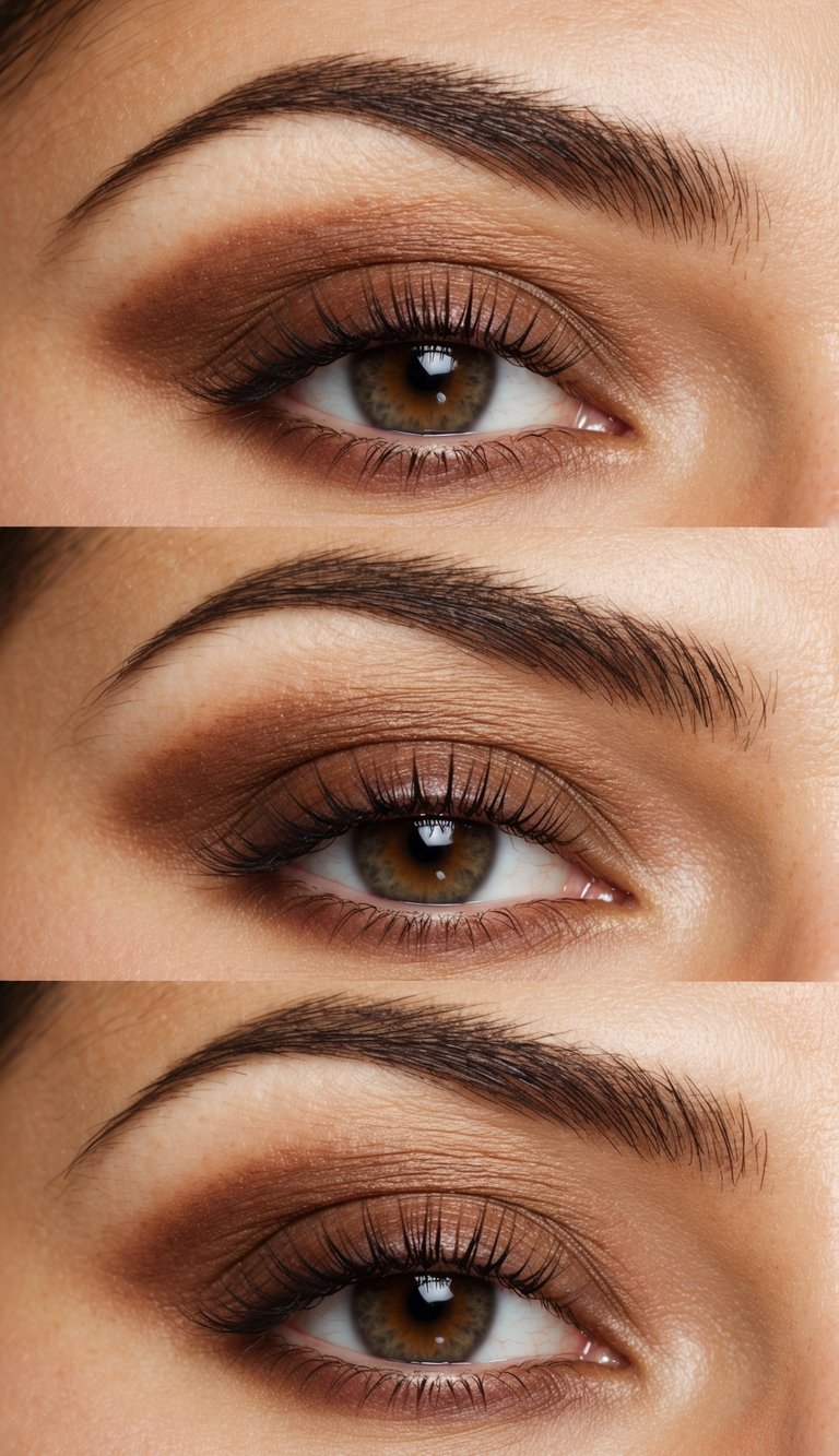 Eye makeup close-up highlighting a hooded eye makeup technique with soft cocoa-brown eyeshadow, diffused crease work, clean lashes, and natural brow shape.
