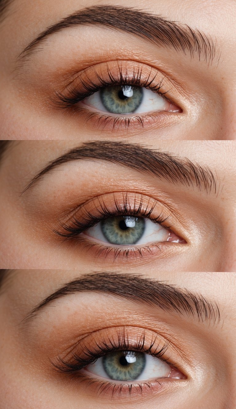 Eye makeup close-up highlighting a hooded eye makeup technique with soft peach neutral eyeshadow, diffused edges, minimal contouring, and natural lashes.