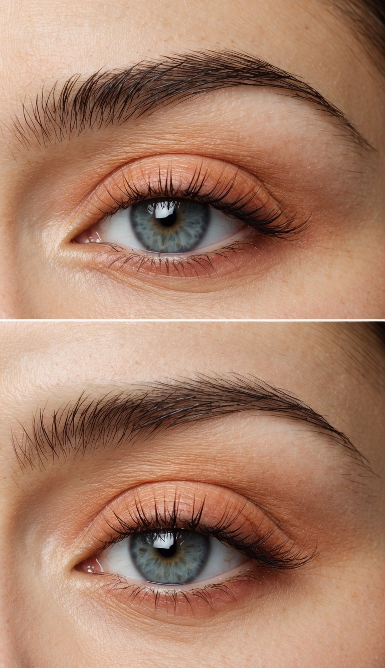 Close-up of an eye using a hooded eye makeup technique with warm peach eyeshadow, smooth blending, soft lashes, and an understated natural finish.
