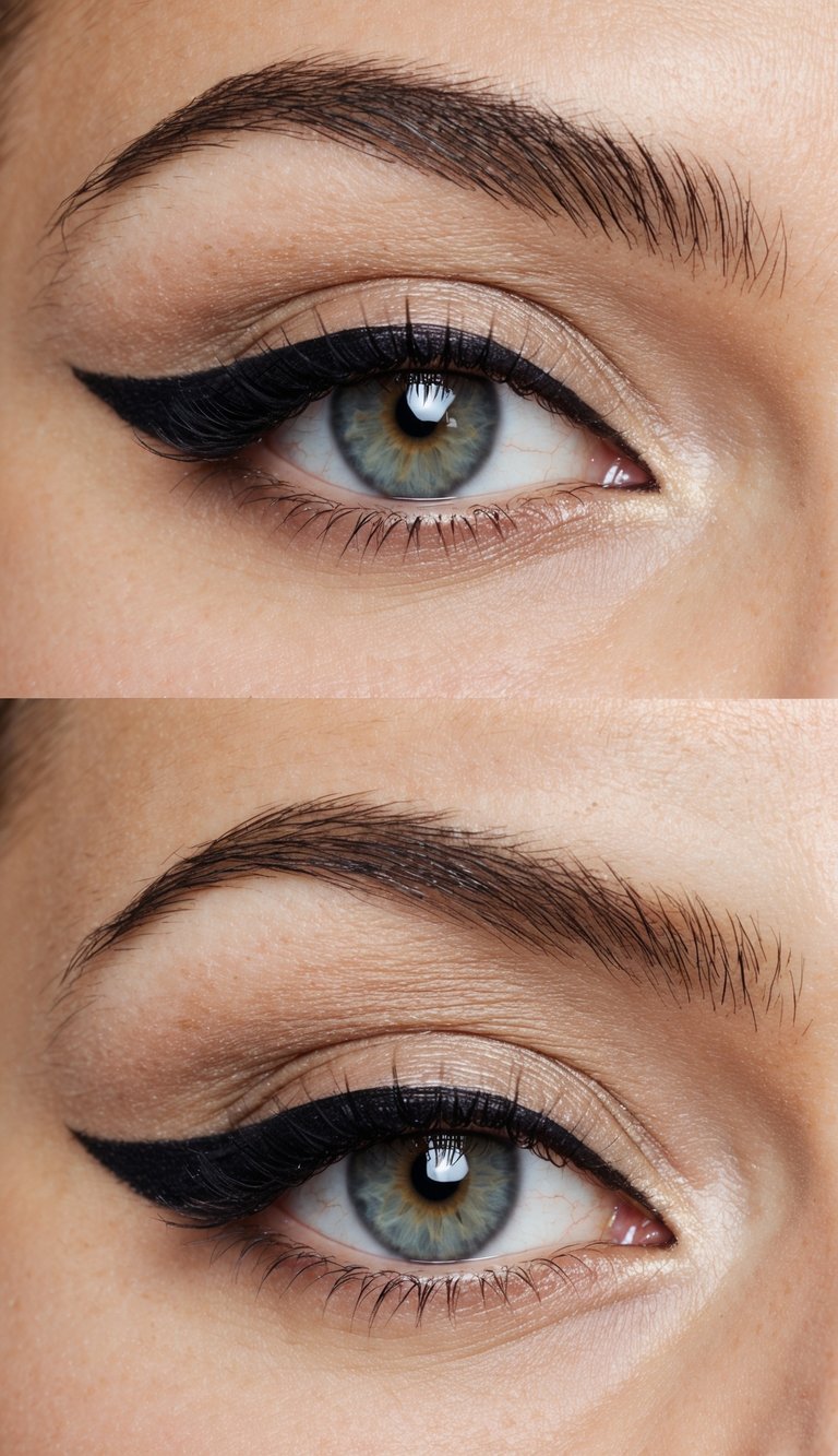 Eye makeup close-up highlighting a hooded eye makeup technique with soft satin nude eyeshadow, thin black wing, seamless blending, and refined lashes.