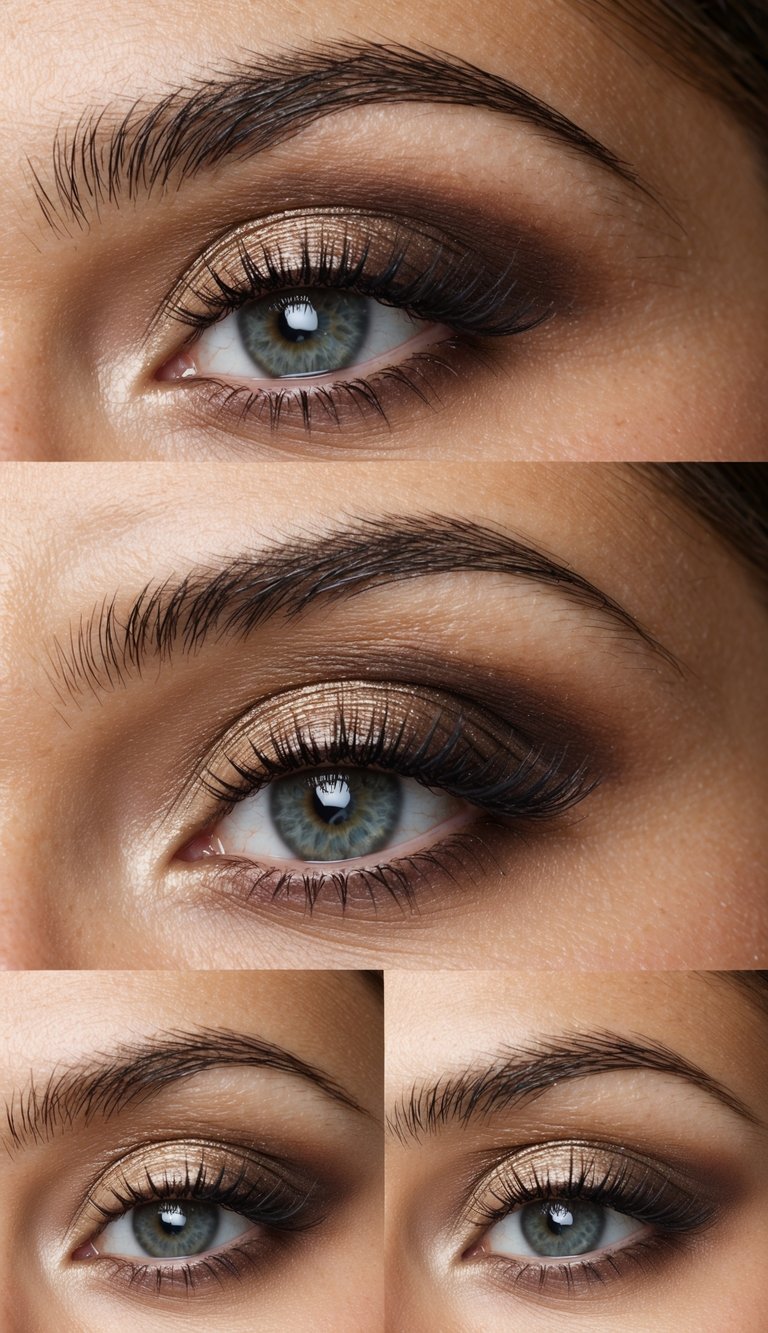 Eye makeup close-up highlighting a hooded eye makeup technique with luminous bronze-neutral eyeshadow, diffused edges, softly fanned lashes, and smooth skin texture.