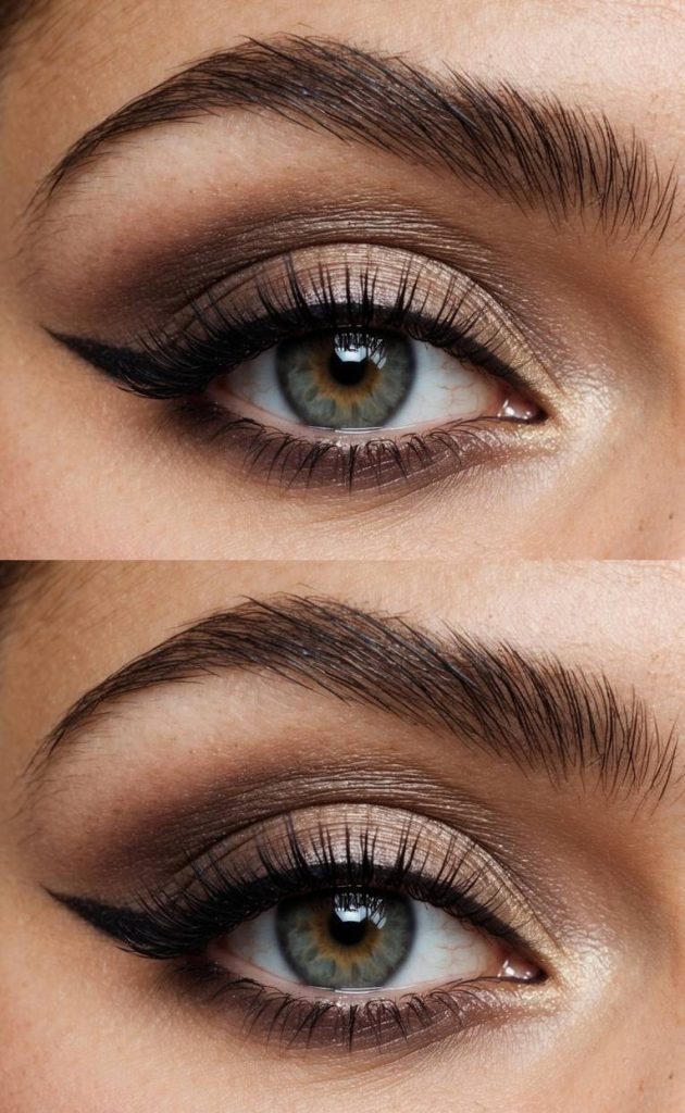 Detailed eye makeup look featuring a hooded eye makeup technique with bronzed taupe shimmer eyeshadow, gentle winged liner, soft blending, and natural brow texture.