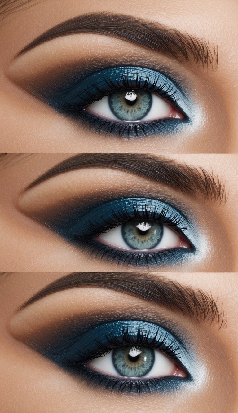 Close-up eye showing a hooded eye makeup technique with deep teal-blue eyeshadow, smooth gradient blending, defined lashes, and softly sculpted brows.