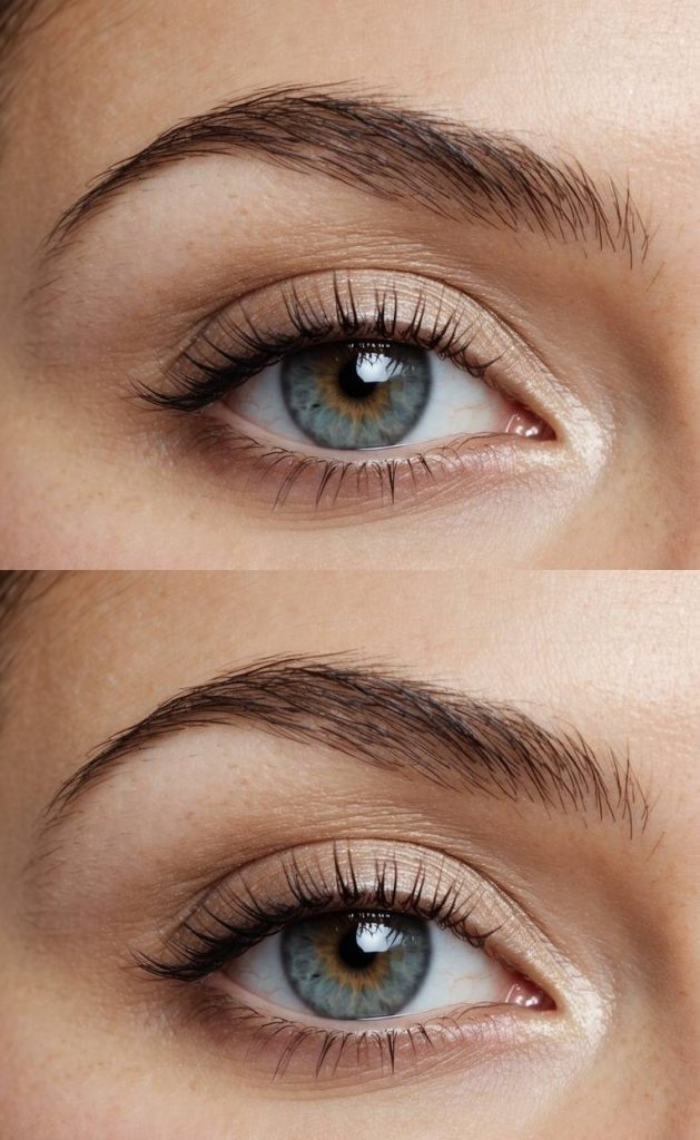 Close-up eye showing a hooded eye makeup technique with soft beige satin eyeshadow, smooth blending, natural lashes, and a clean skin-like finish.