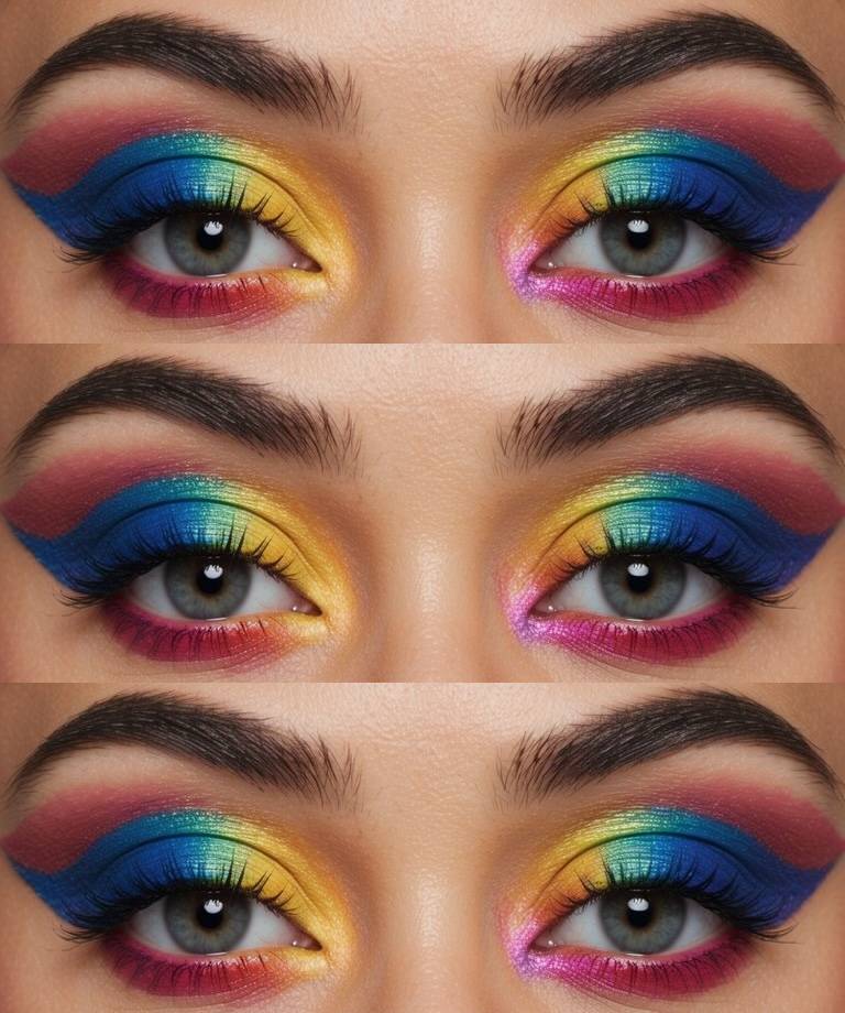 A collage of three close-up images showing a pair of eyes with vibrant rainbow-colored eyeshadow, featuring shades of blue, yellow, and red, with thick black eyeliner and well-defined eyebrows.