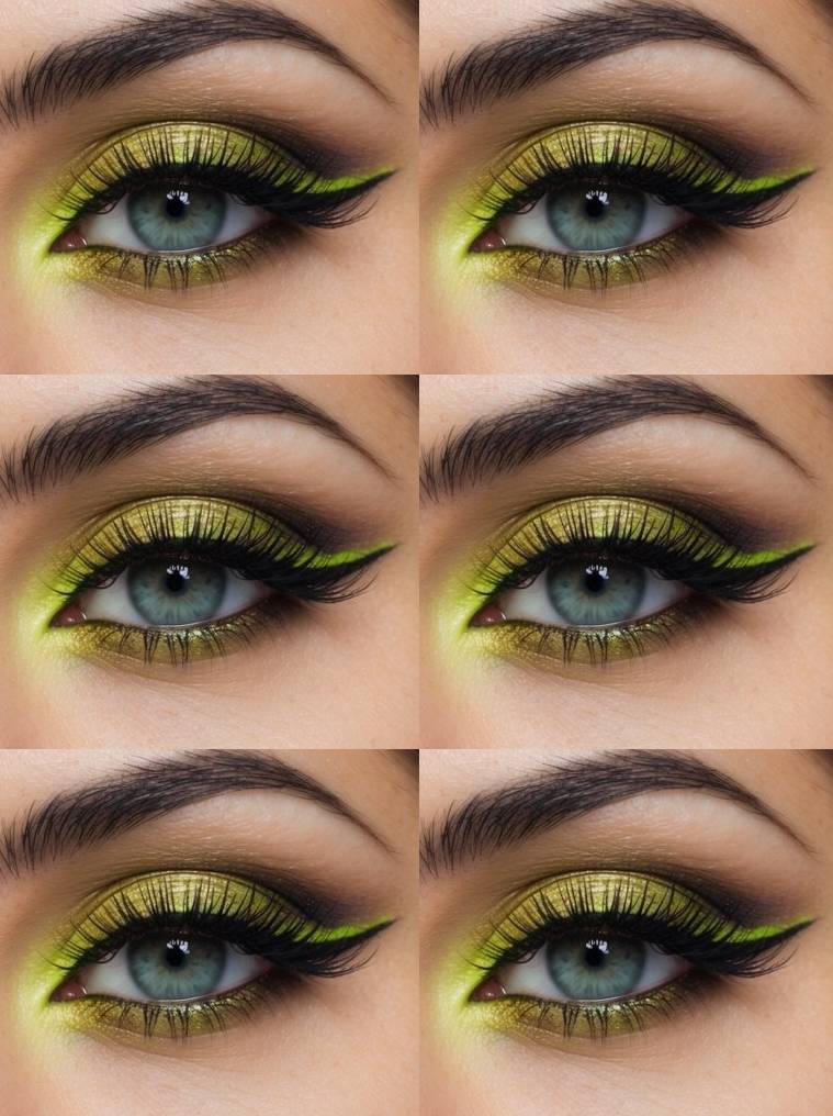 Colorful eye makeup look featuring bold neon green shimmer, smoky outer corners, and precise winged liner in a double flick design