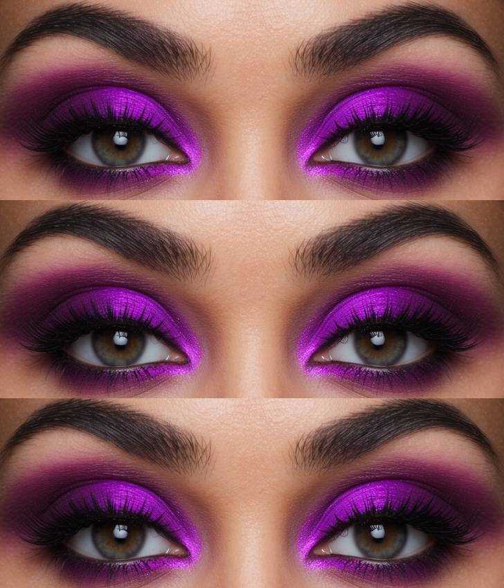 Colorful eye makeup look with vivid violet shimmer on the lids, deep magenta shadows in the crease, and diffused purple smoke along the lower lash line.
