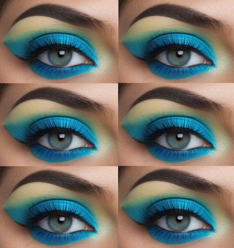 Colorful eye makeup look with warm sandy yellow transition, vibrant aqua on the lids, and deep teal shadow blended into the crease and lower lash line.