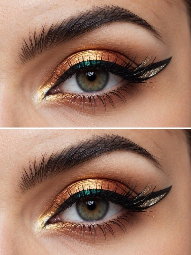 Colorful eye makeup look with metallic bronze lids, gold shimmer in the inner corners, and bold double eyeliner in black, teal, and sparkling gold.
