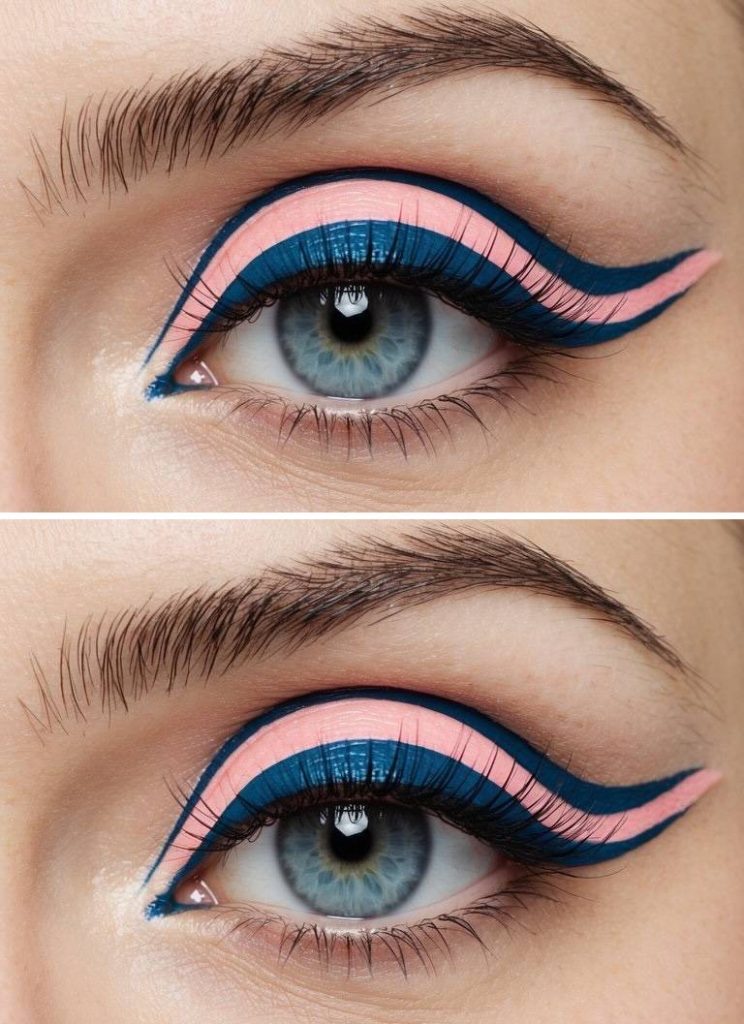 Colorful eye makeup look with precise cut-crease design using pink and dark blue swirls that define the eye shape.