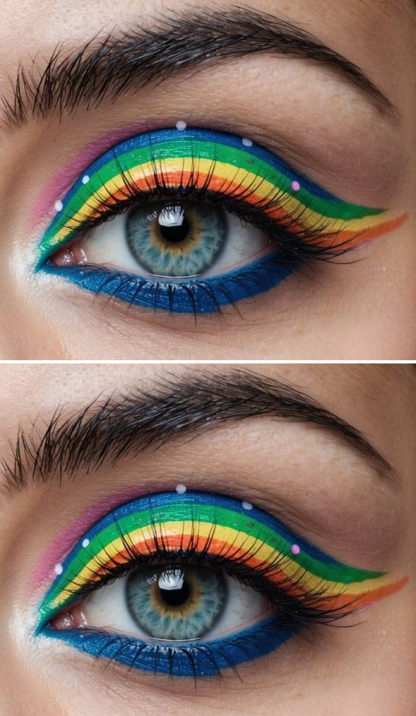 Colorful eye makeup look showcasing curved rainbow liner with precise color bands and pastel dot accents along the upper lid.